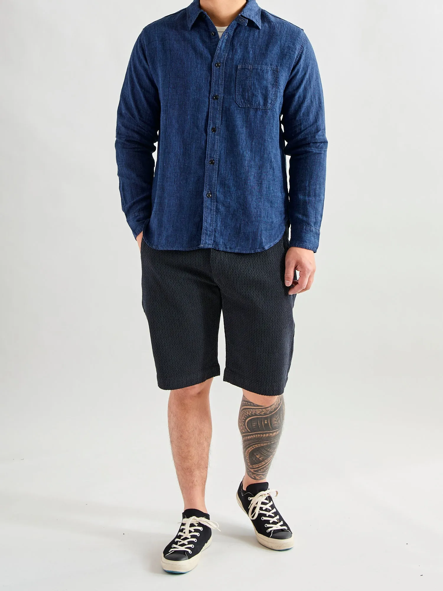 100WS Linen Workshirt in Indigo Check