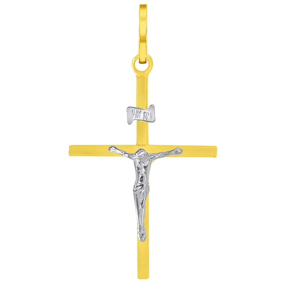 14k Two-Tone Gold Simple Catholic INRI Jesus Crucifix Pendant Necklace