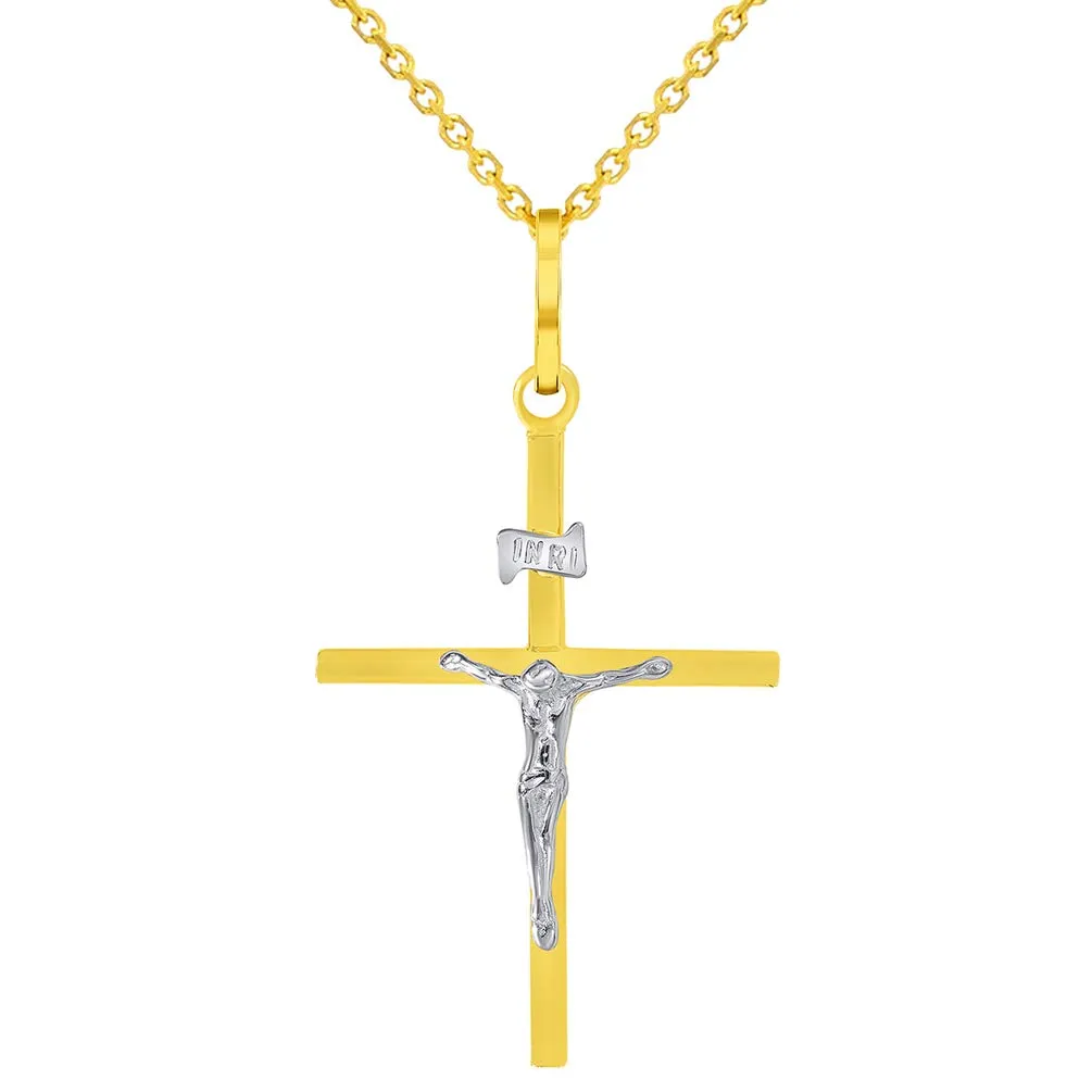 14k Two-Tone Gold Simple Catholic INRI Jesus Crucifix Pendant Necklace