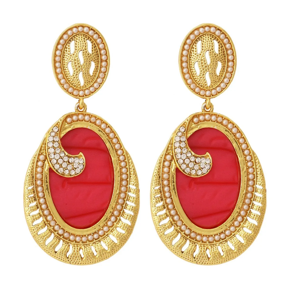 18K Gold Plated Red Stone Pearl Dangling Earring For Women