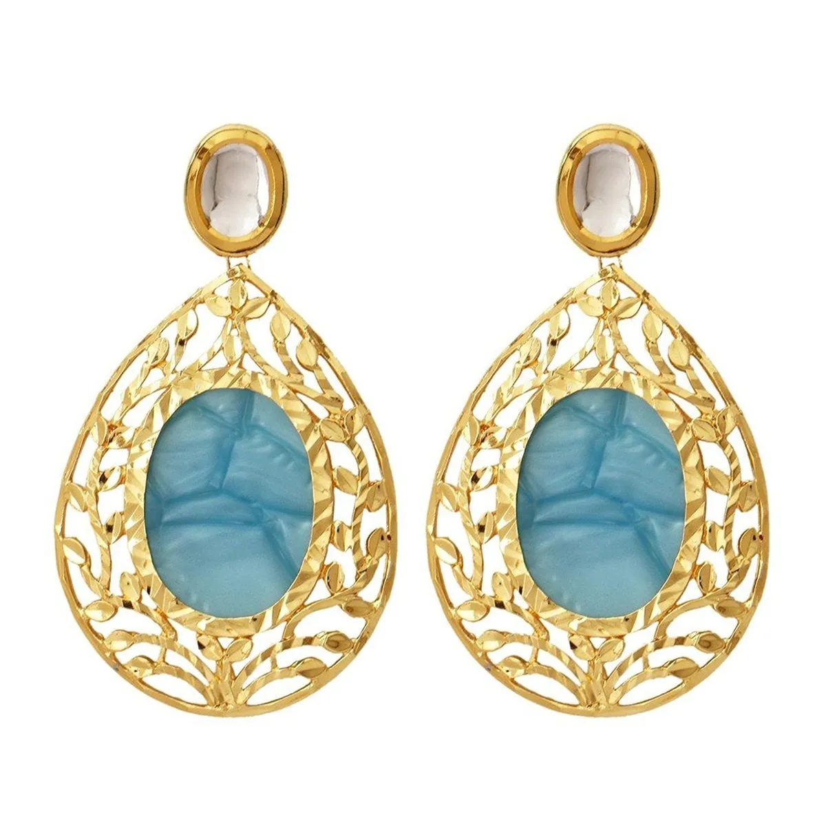 18K Gold Plated Sea Blue Stone Kundan Dangling Earring For Women