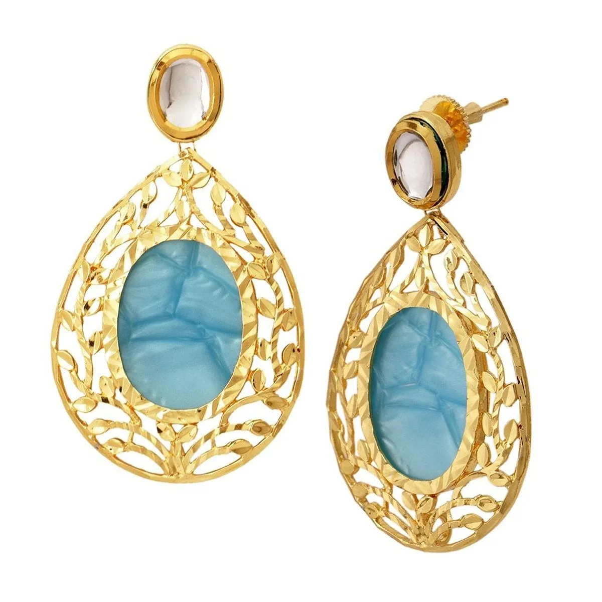 18K Gold Plated Sea Blue Stone Kundan Dangling Earring For Women