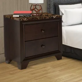 2 Drawer Wooden Nightstand With Faux Marble Top, Cappuccino Brown By Benzara