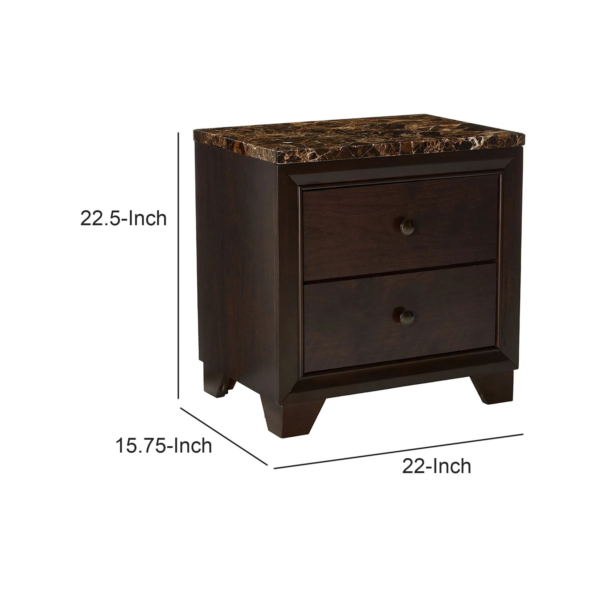 2 Drawer Wooden Nightstand With Faux Marble Top, Cappuccino Brown By Benzara