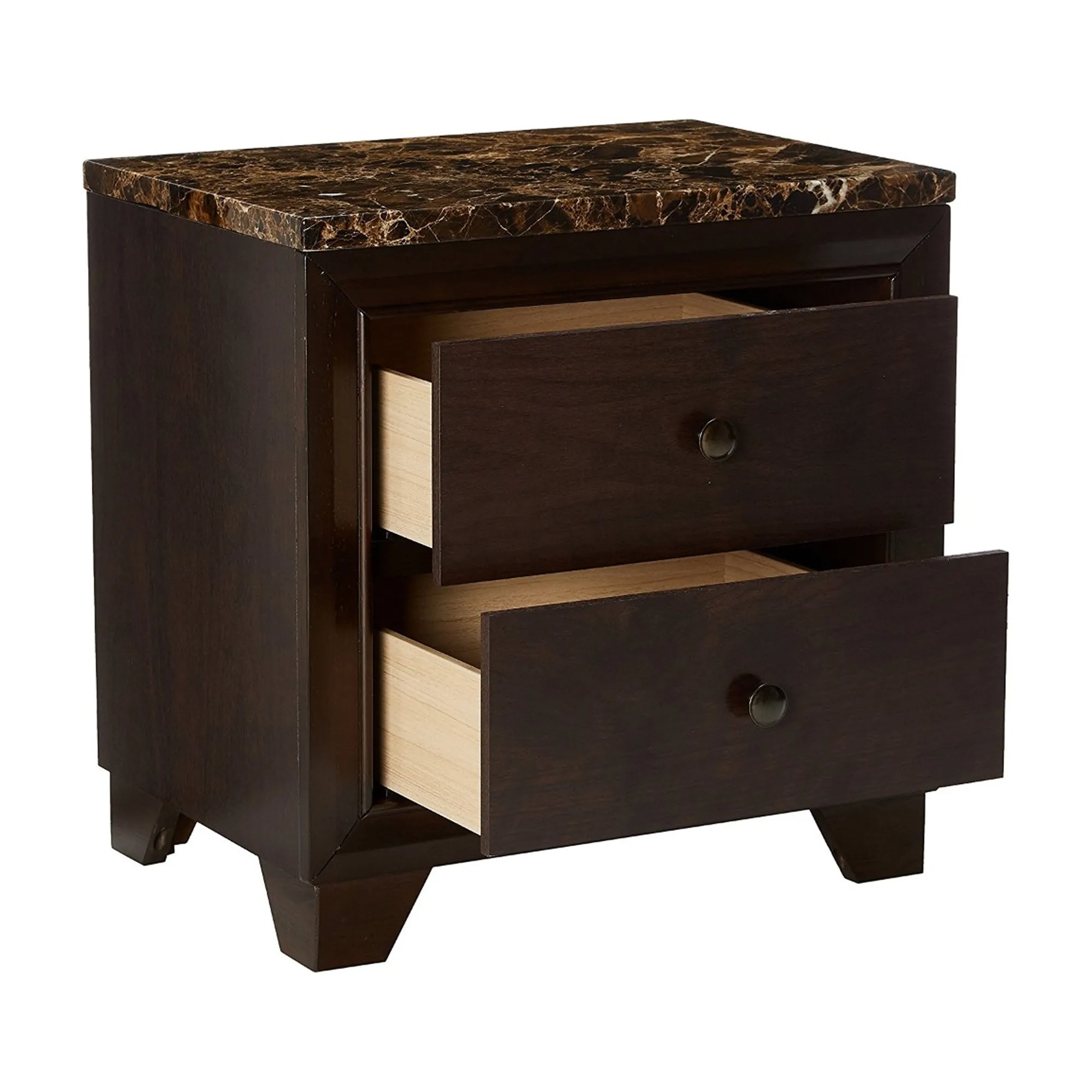 2 Drawer Wooden Nightstand With Faux Marble Top, Cappuccino Brown By Benzara