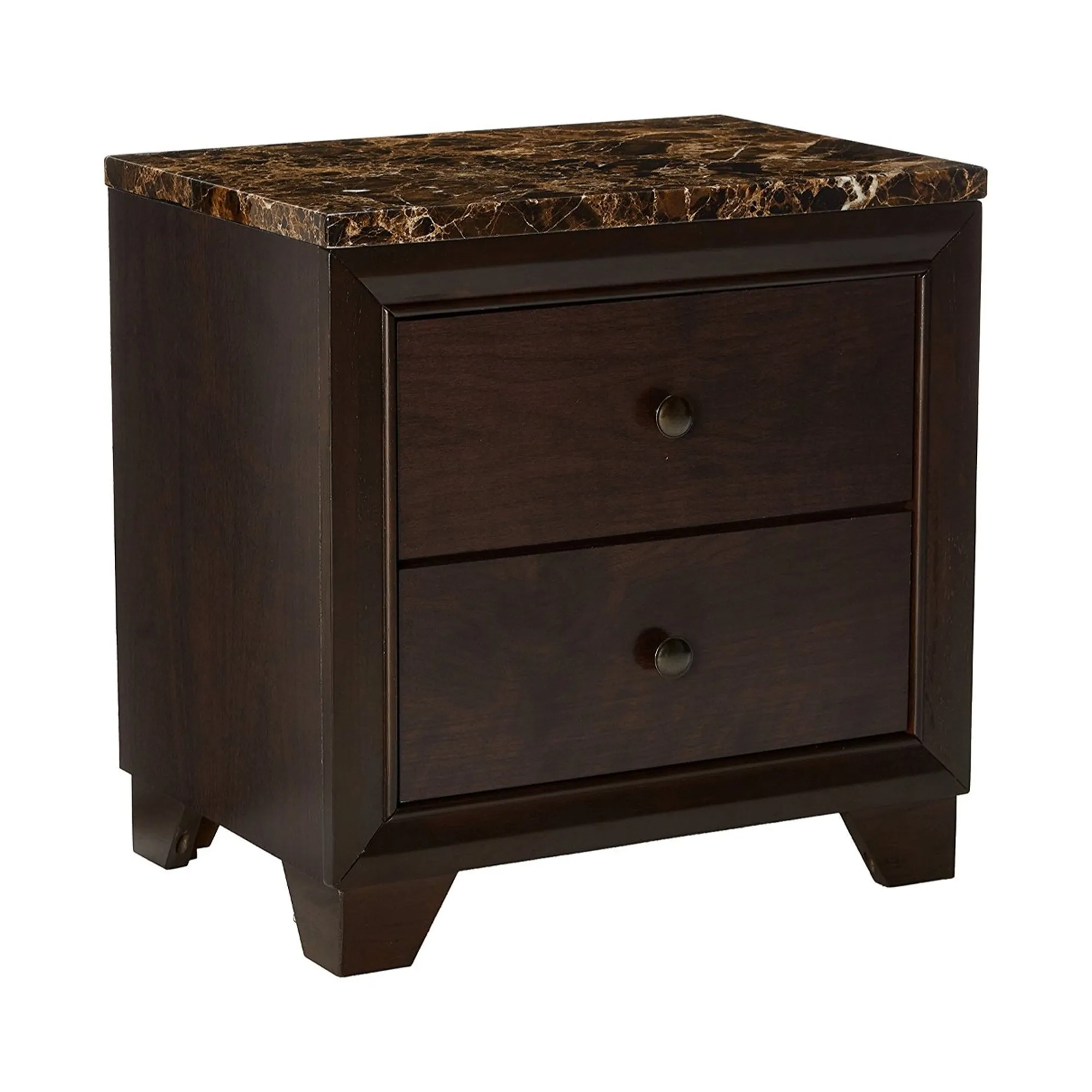 2 Drawer Wooden Nightstand With Faux Marble Top, Cappuccino Brown By Benzara