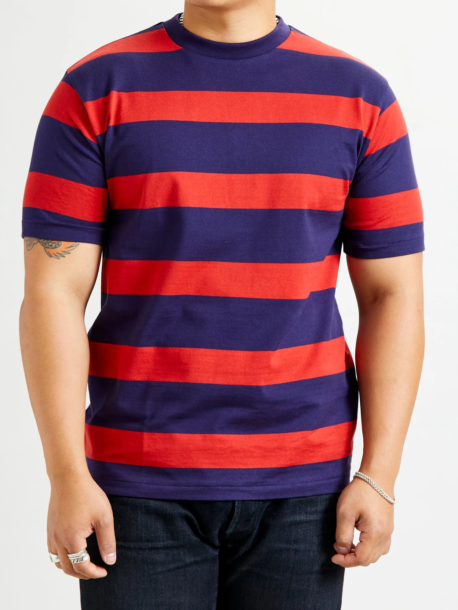 4089 Loopwheel Stripe Border Tee in Navy Red