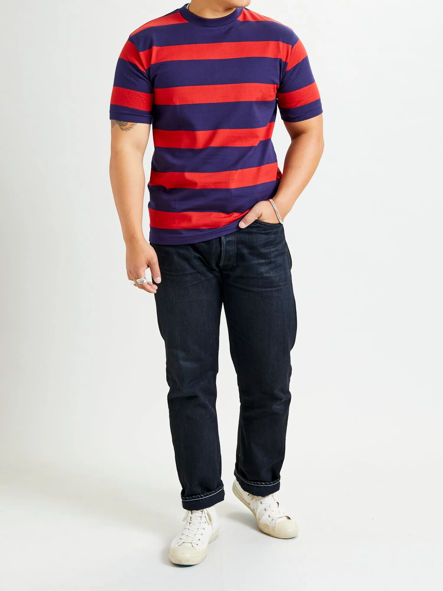 4089 Loopwheel Stripe Border Tee in Navy Red