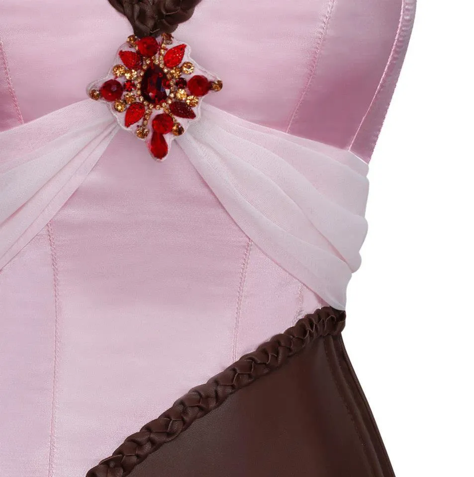 Adrion Pink Satin & Faux Leather Braided Trimming Corset