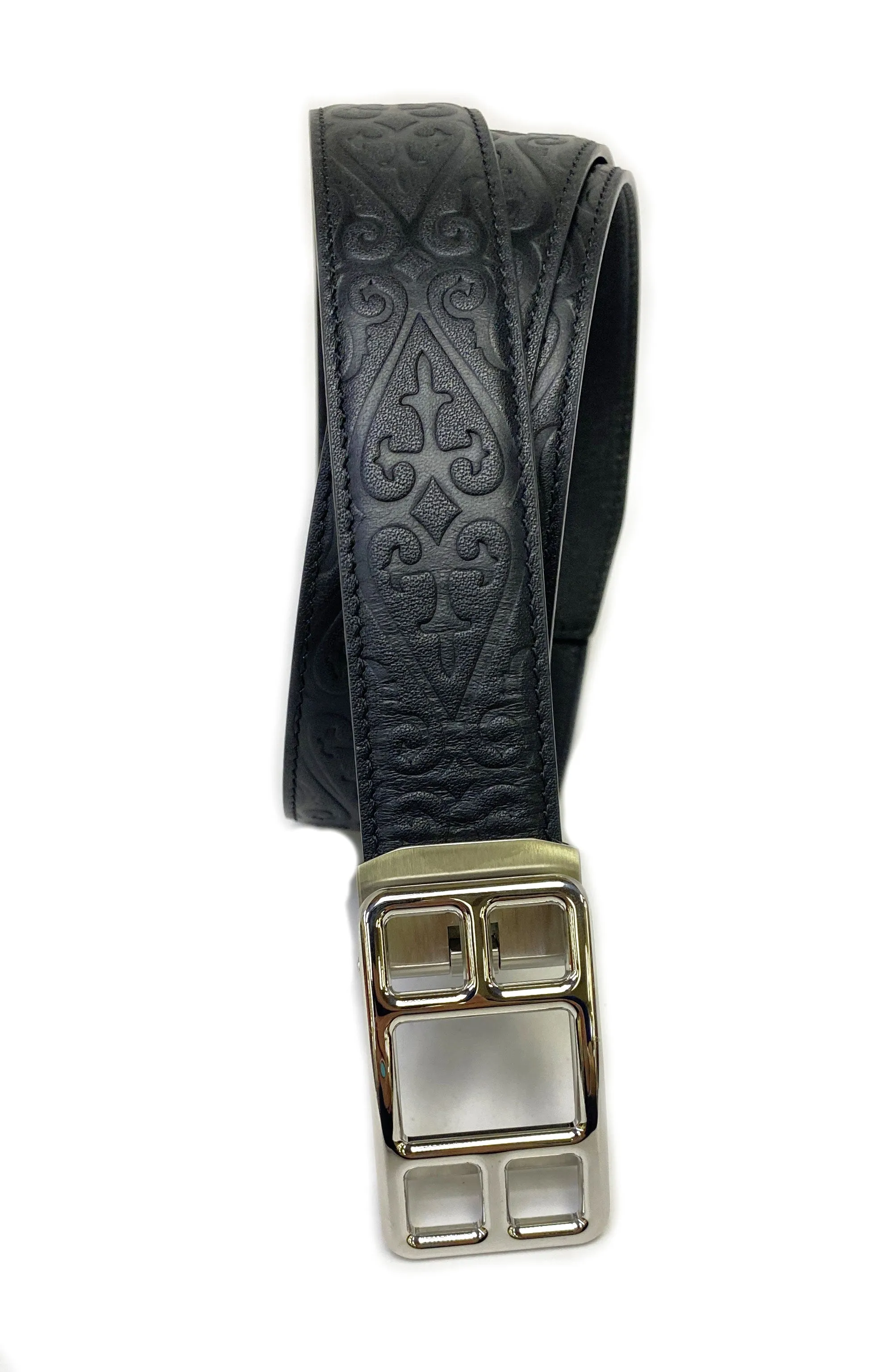 Black Etched Leather Belt with Silvertone Buckle