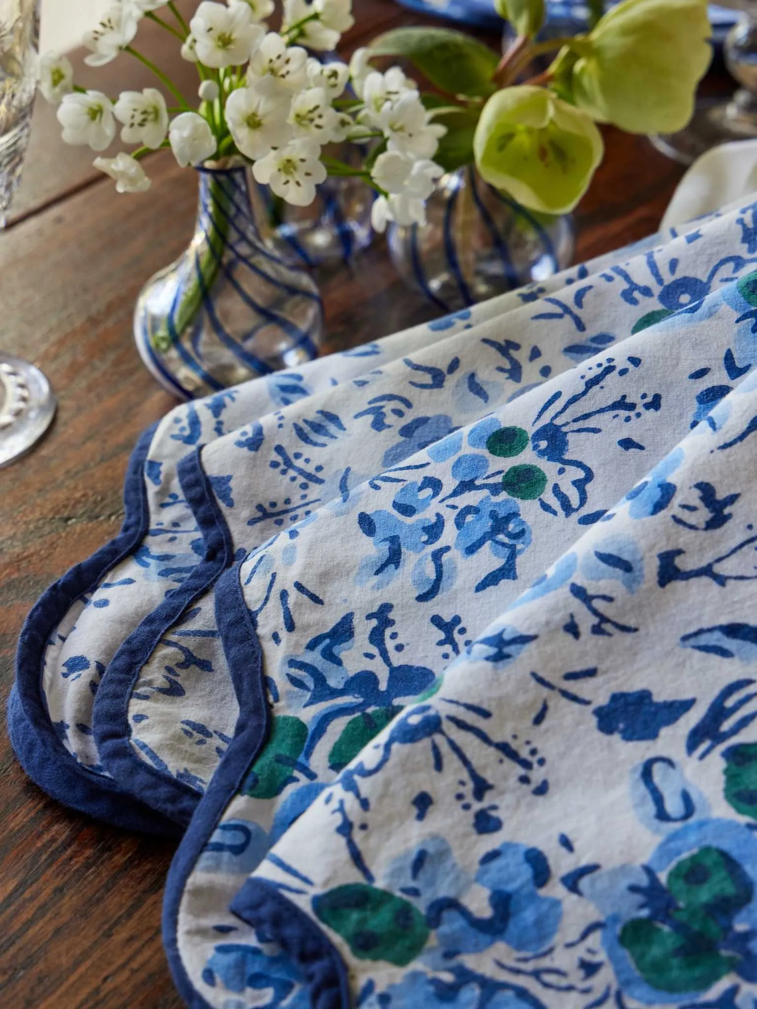 Blue Floral Block Print Scalloped Napkins (set of 4)