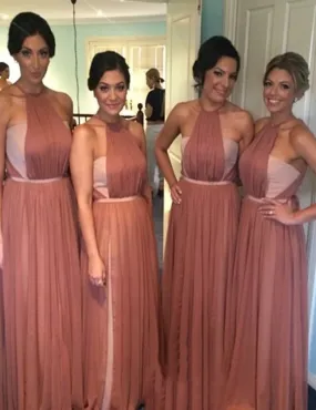 Crew Neck Sleeveless Floor Length Ruched Blush Bridesmaid Dress with Sash (BMA2035)