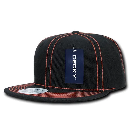 Decky 358 Contrast Stitch Snapback Hat, 6 Panel Contra-Stitch Flat Bill Cap