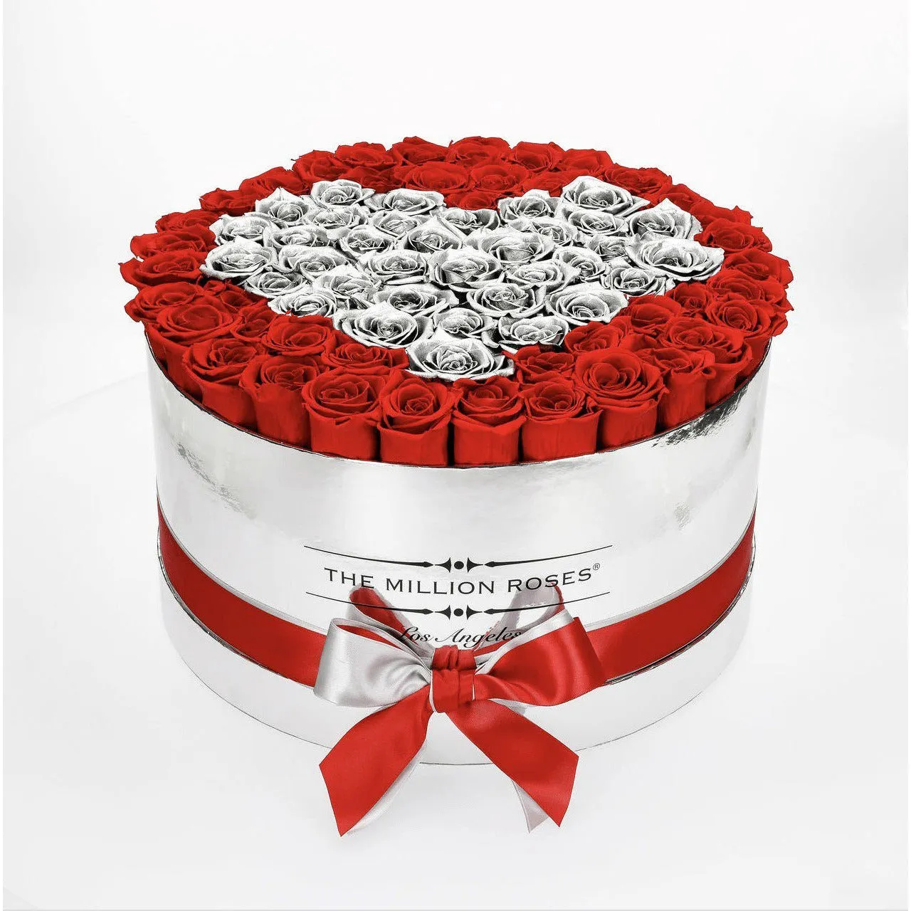 Deluxe Mirror Silver Box | Red & Silver Roses | Heart