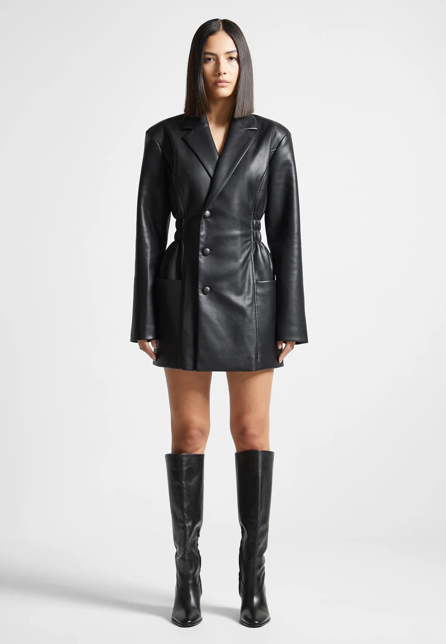 Double Breasted Leather Blazer Dress - Black