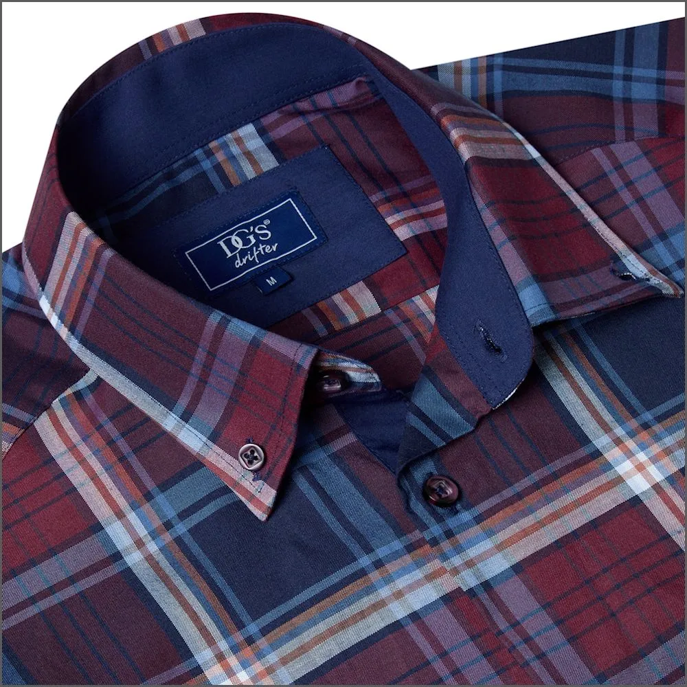 Drifter Ivano Wine Navy & Blue Check Shirt^