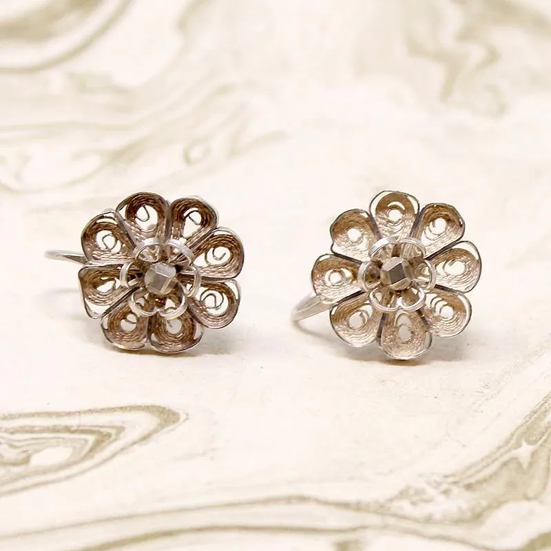 Fanciful Silver Filigree Flower Earrings