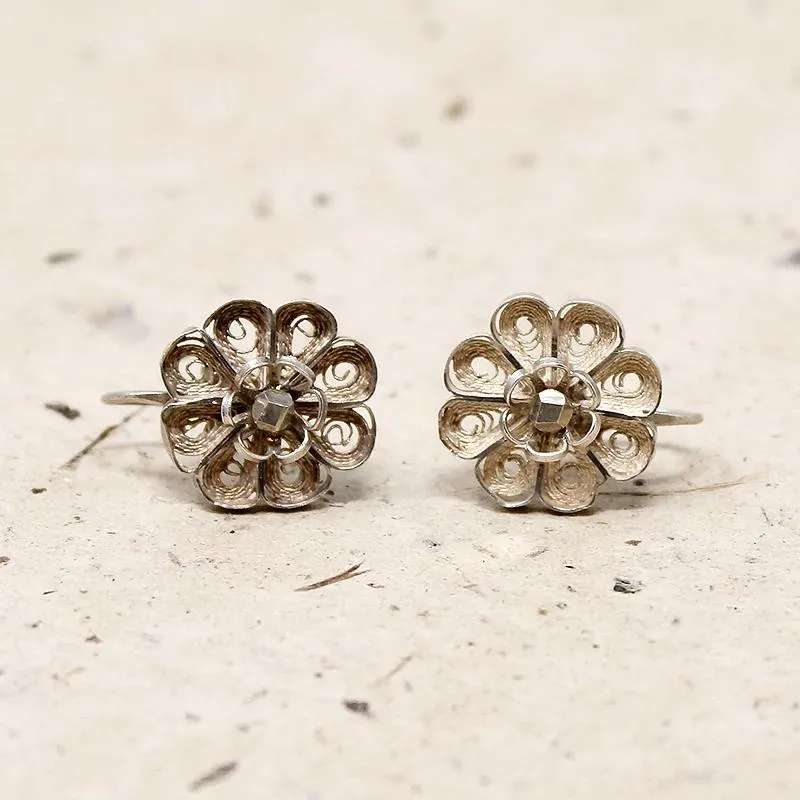 Fanciful Silver Filigree Flower Earrings