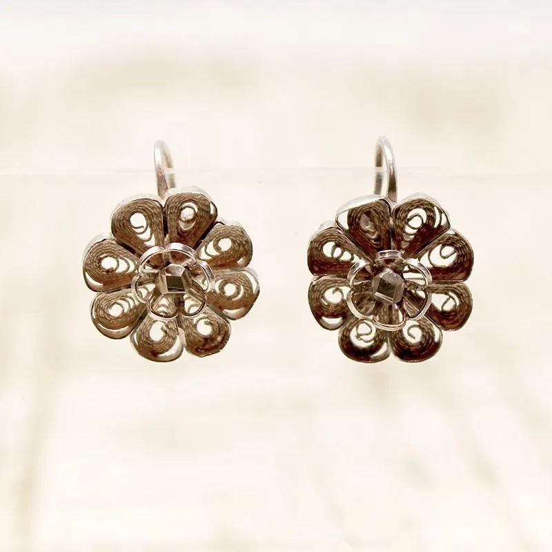 Fanciful Silver Filigree Flower Earrings