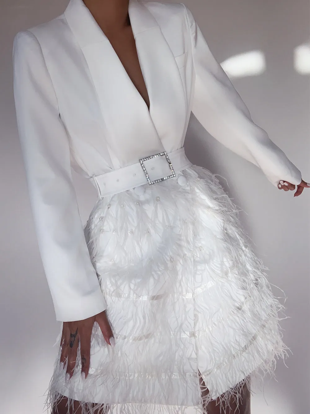 FIFTH AVE Feathers Dress in White