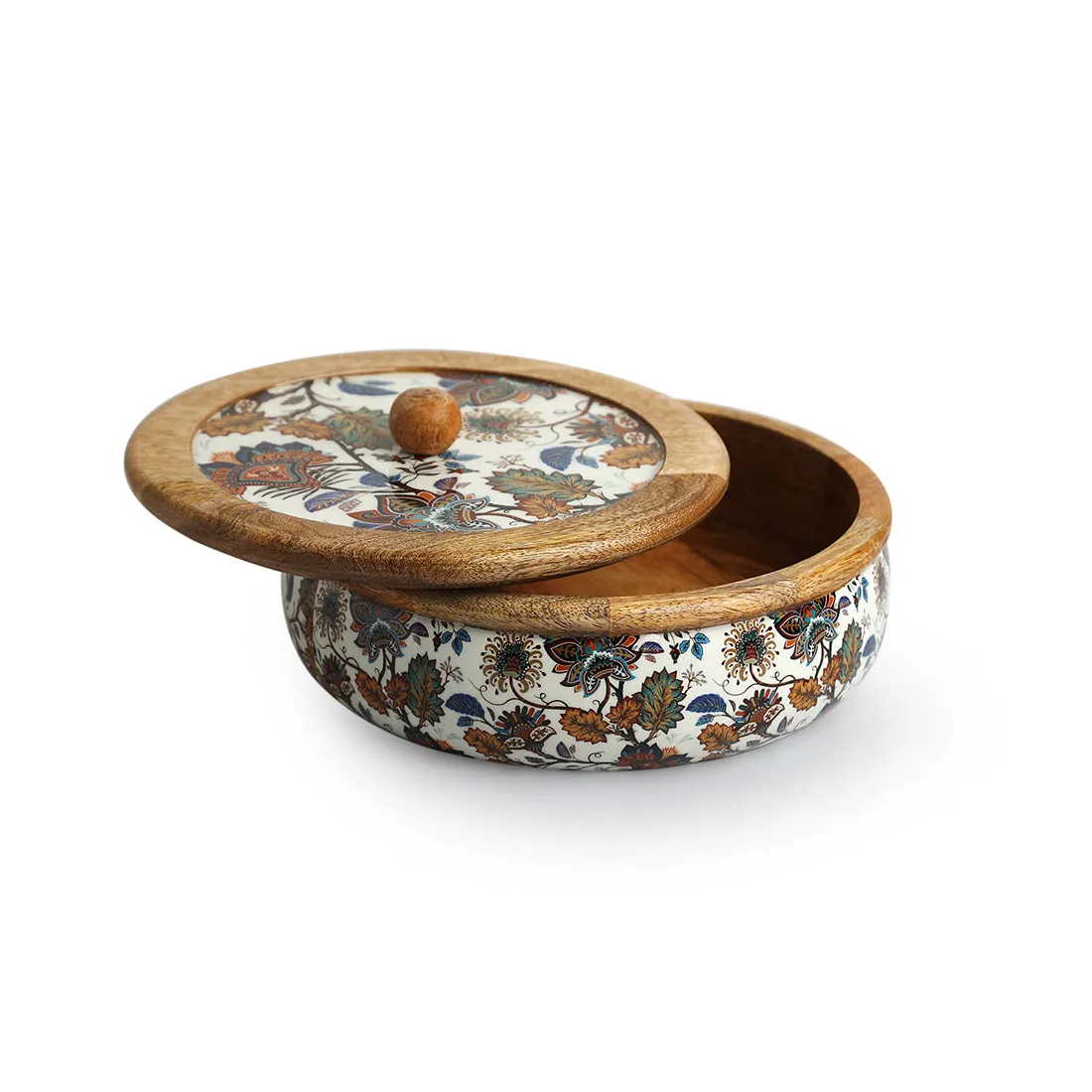 'Floral Chronicles' Hand-Enamelled Chapati Box With Lid In Mango Wood (8.0 Inch, 1080 ml)