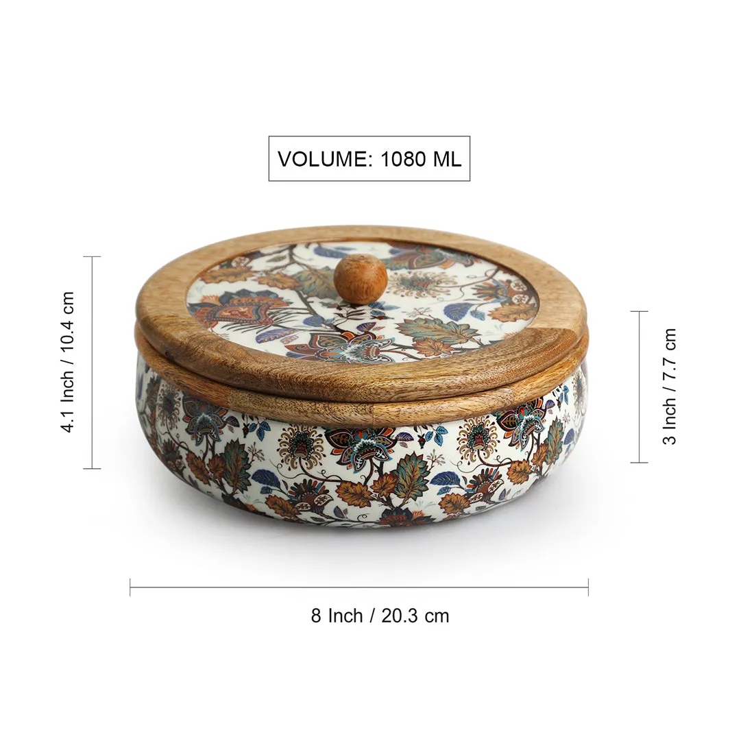 'Floral Chronicles' Hand-Enamelled Chapati Box With Lid In Mango Wood (8.0 Inch, 1080 ml)