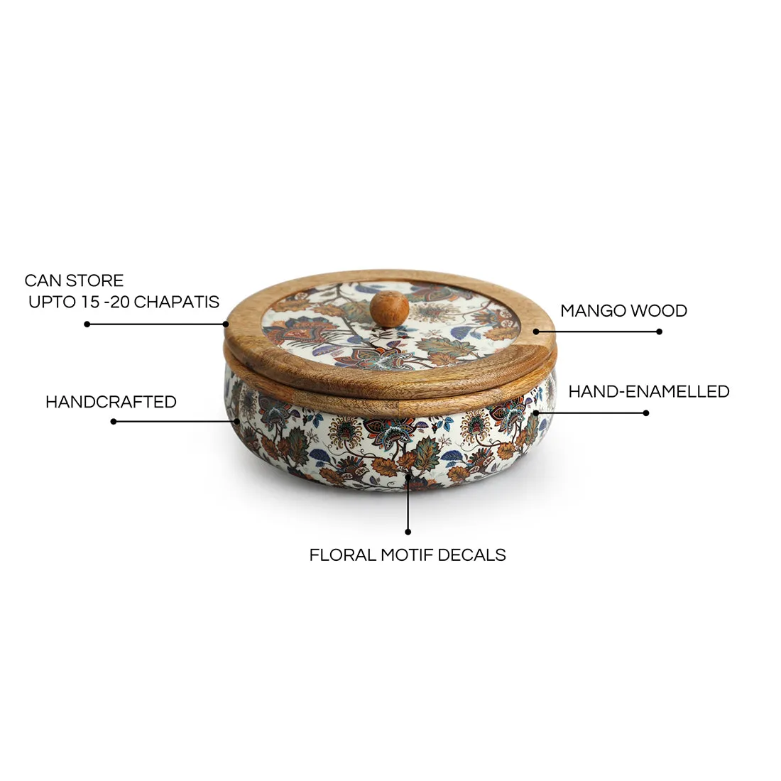 'Floral Chronicles' Hand-Enamelled Chapati Box With Lid In Mango Wood (8.0 Inch, 1080 ml)