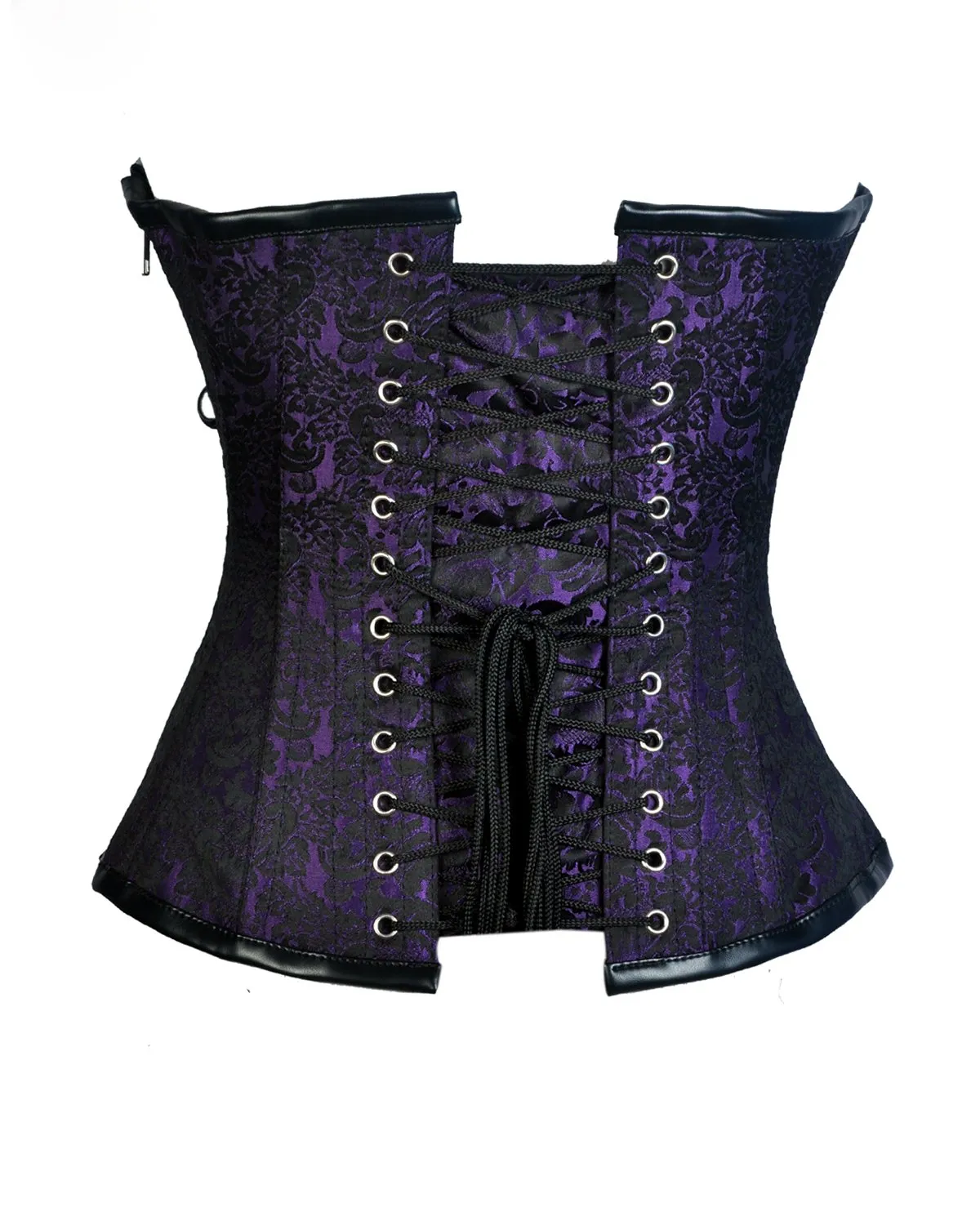 Gray Purple Brocade & Black Faux Leather Gothic Corset