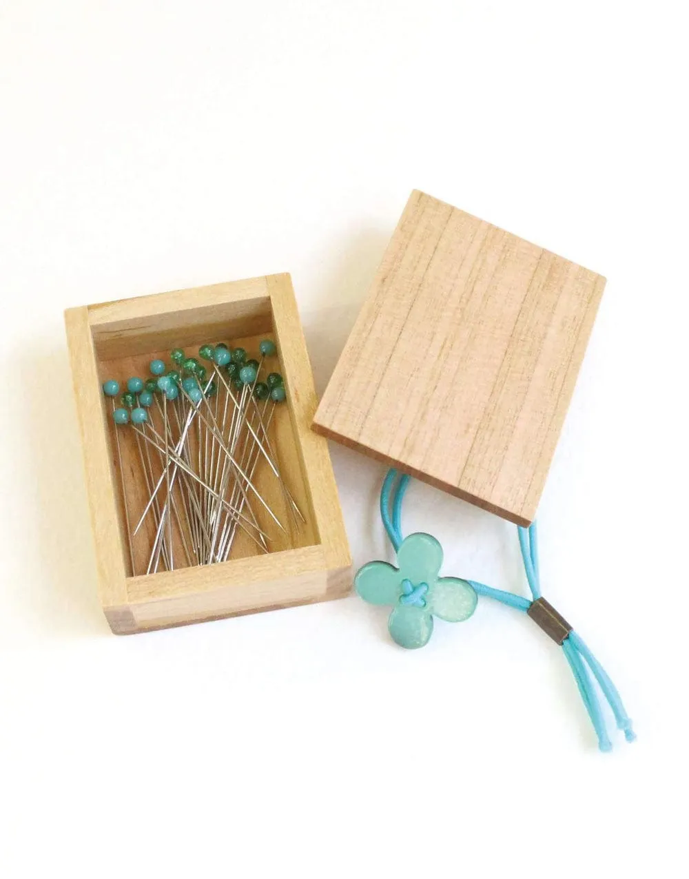 Green Glass Sewing Pins in a Cherry-Wood Box, Cohana