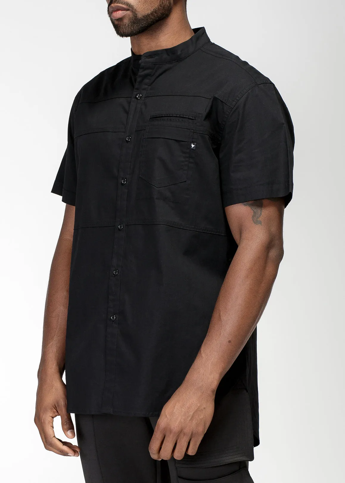 Konus Men's Band Collar Panel Shirt in Black