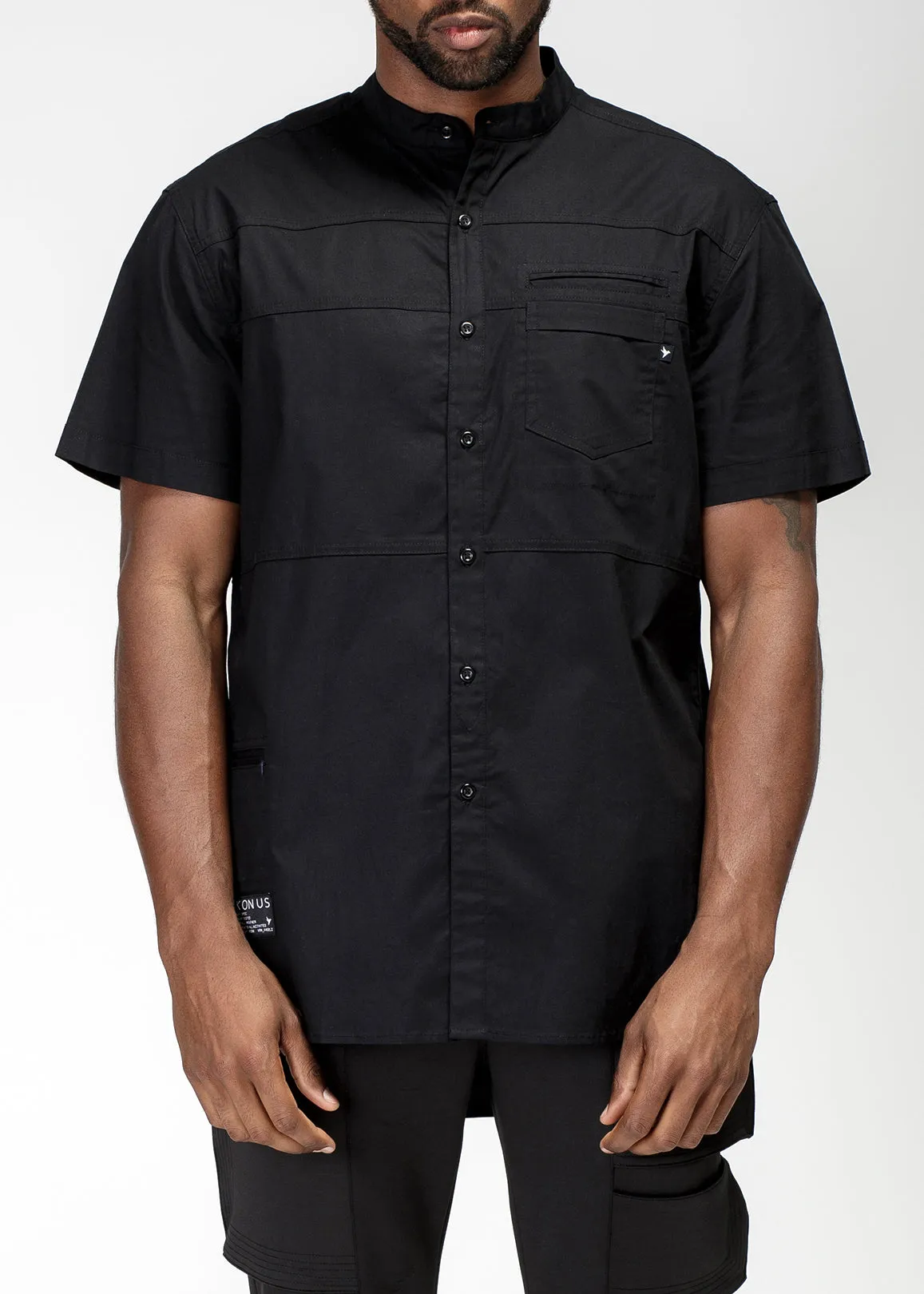 Konus Men's Band Collar Panel Shirt in Black