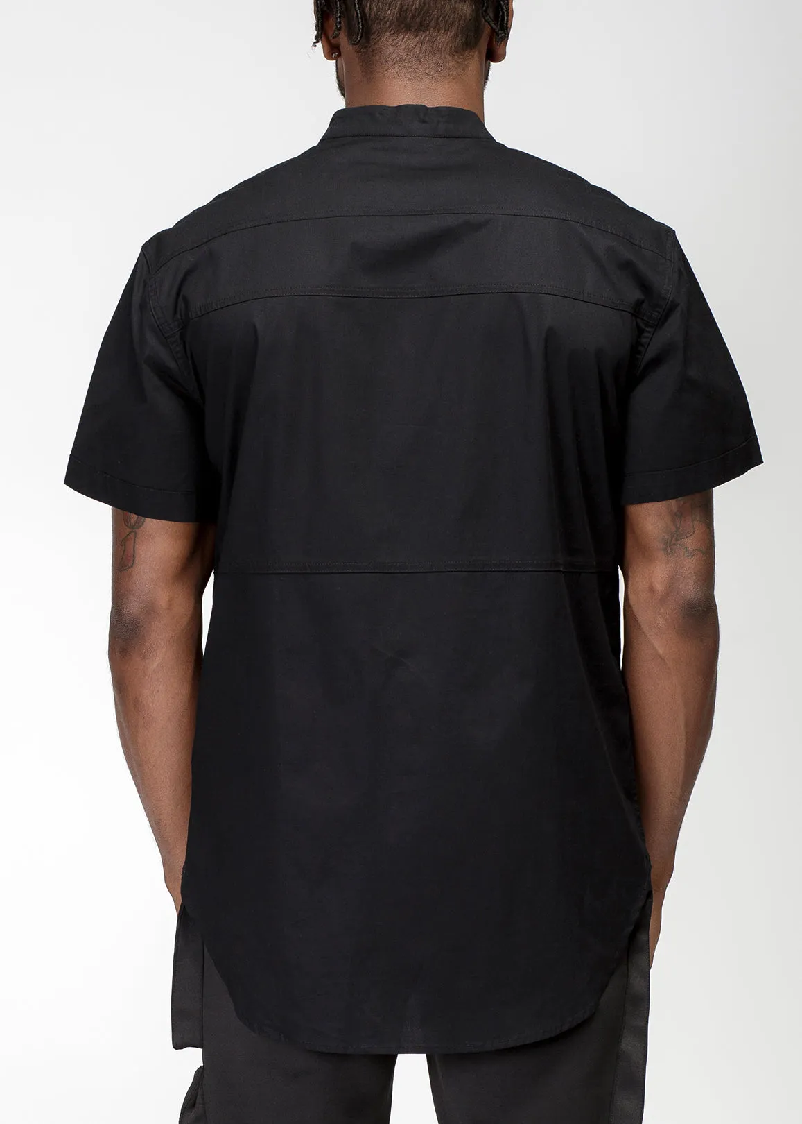 Konus Men's Band Collar Panel Shirt in Black