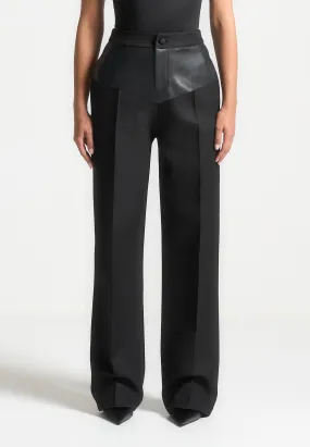 Leather Panel Tailored Trousers - Black