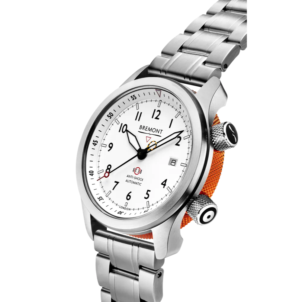 MBII Custom Stainless Steel, White Dial with Orange Barrel & Closed Case Back