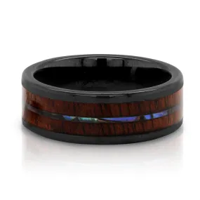 MEN'S BLACK CERAMIC WEDDING BAND WITH KOA WOOD AND ABALONE