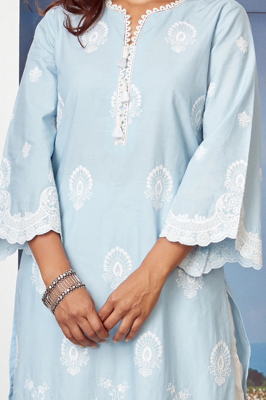 Mulmul Cotton Dreamscape Light Blue Kurta With Two Lace White Palazzo