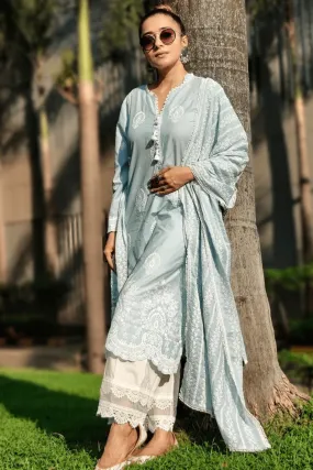 Mulmul Cotton Dreamscape Light Blue Kurta With Two Lace White Palazzo