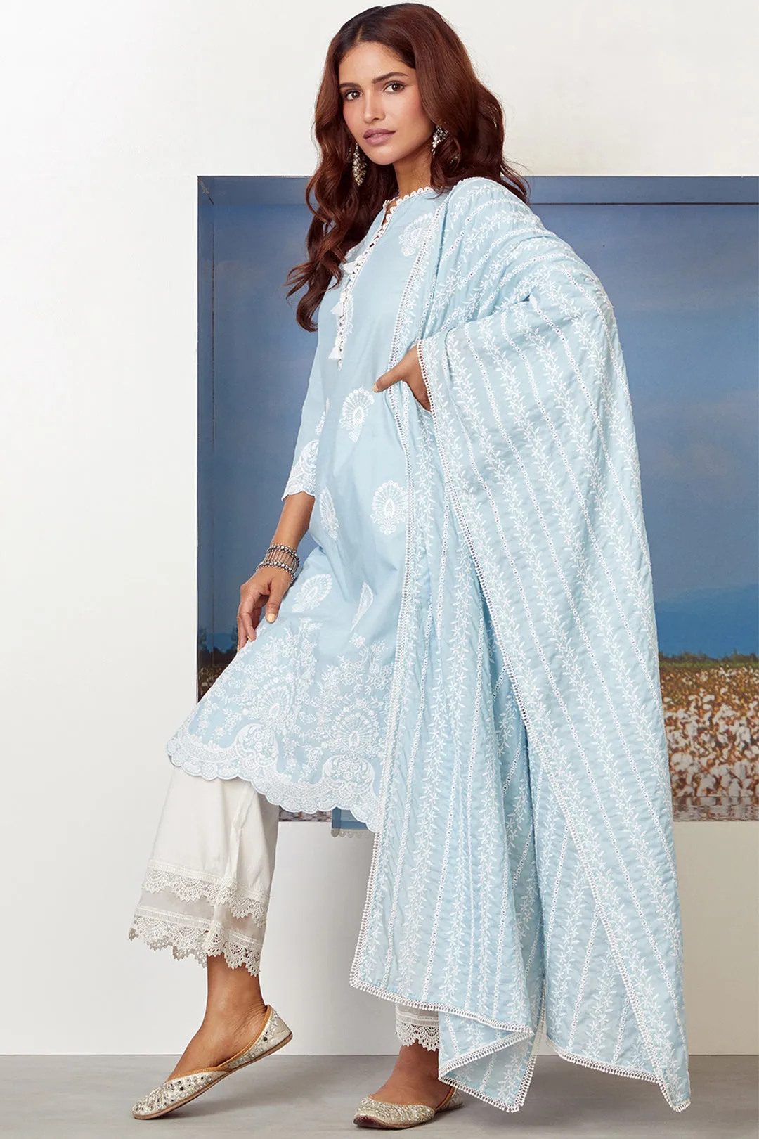 Mulmul Cotton Dreamscape Light Blue Kurta With Two Lace White Palazzo