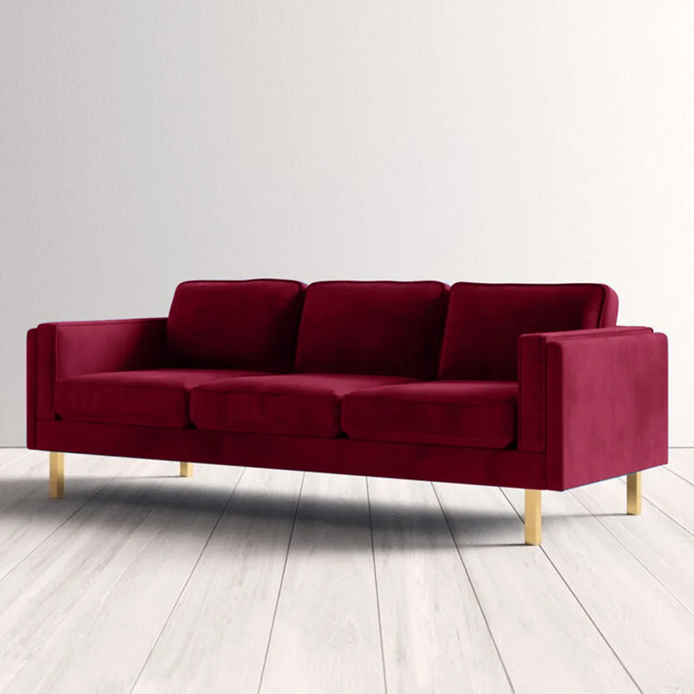 Nebula Maroon Velvet 3-Seater Sofa with Square Arms - Luxury Living Room Seating, L220cm x W86cm x H81cm