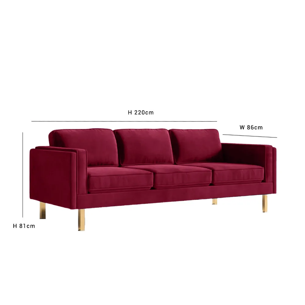 Nebula Maroon Velvet 3-Seater Sofa with Square Arms - Luxury Living Room Seating, L220cm x W86cm x H81cm