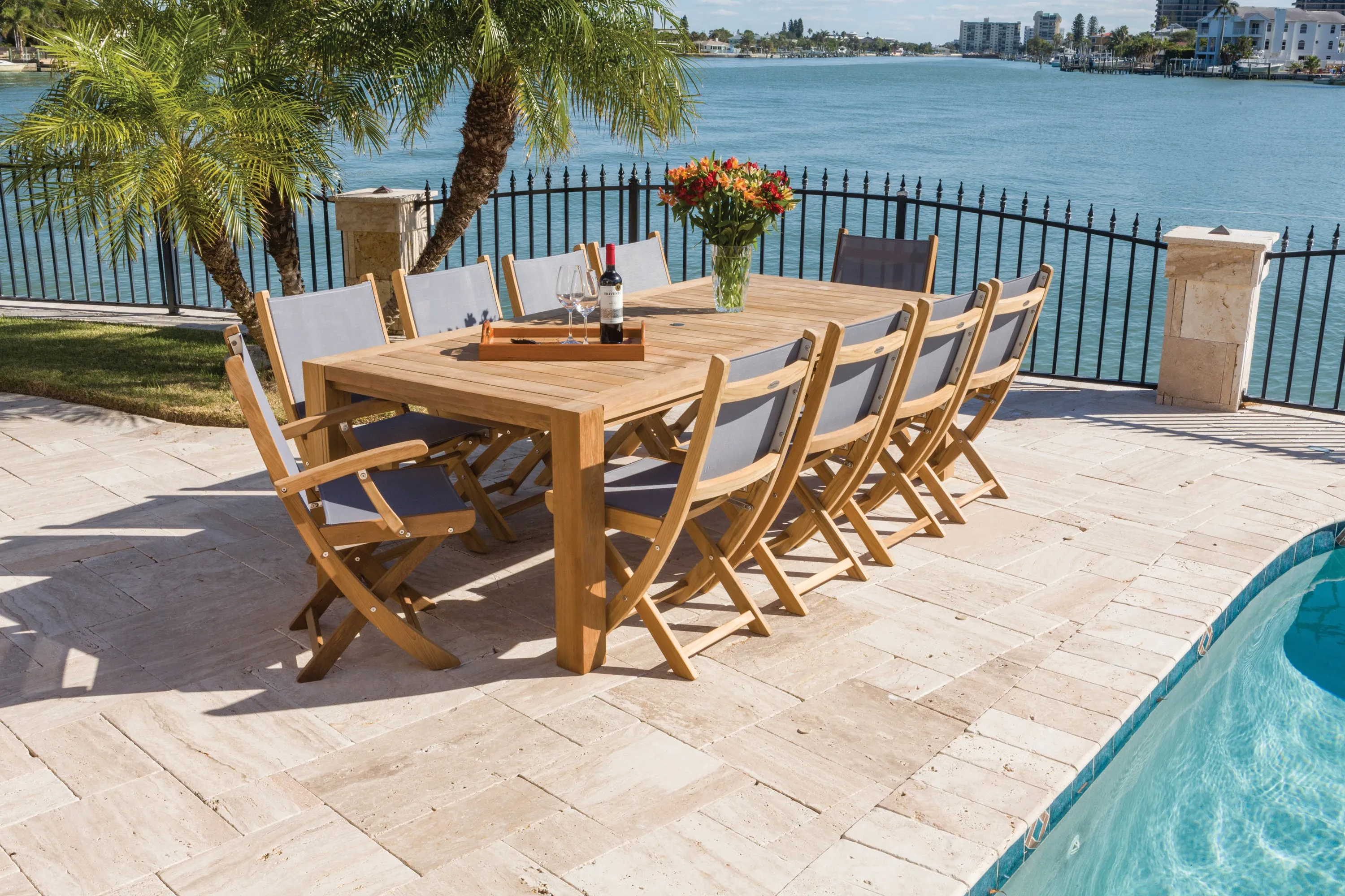 Royal Teak 11-Piece Sailmate Teak and Sling Dining Set with 96" Rectangular Table