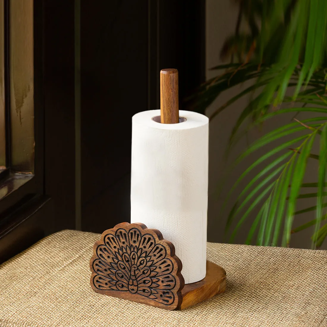 'The Dancing Peacock' Hand Carved Kitchen Tissue Roll Holder in Sheesham Wood