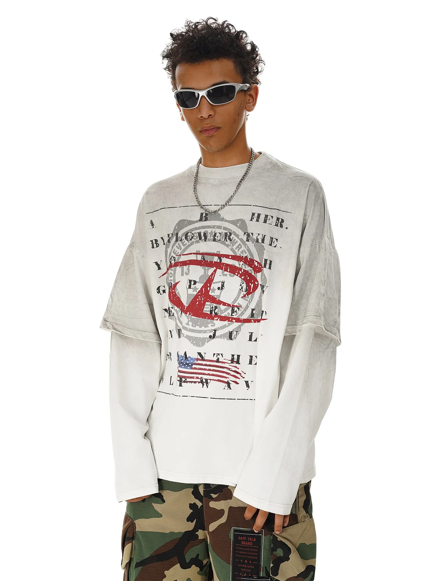 Thesupermade Retro Spray Mock Two-Piece Long Sleeve T-shirt - 2188