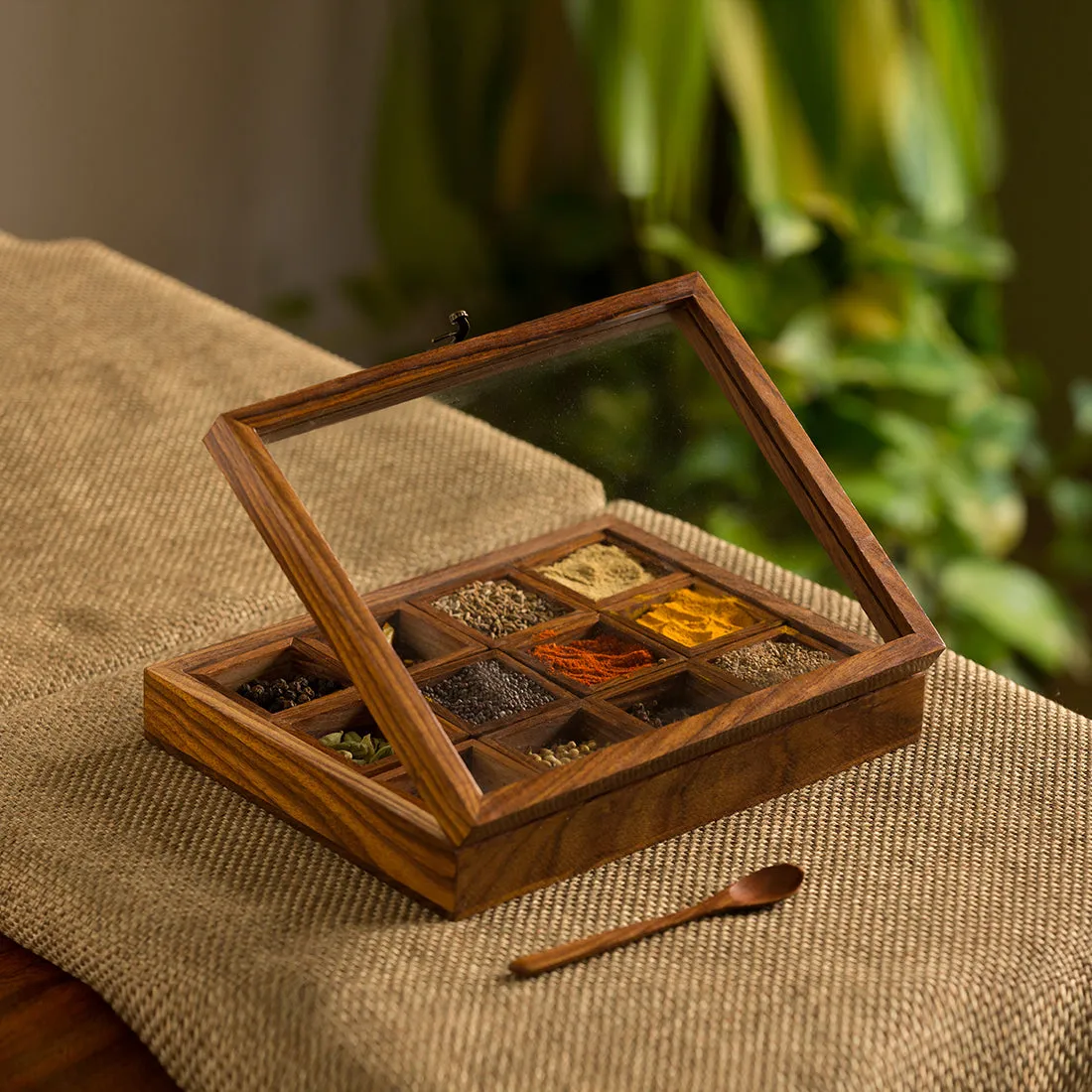 'Twelve Blends' Spice Box With 12 Containers & Spoon In Sheesham Wood