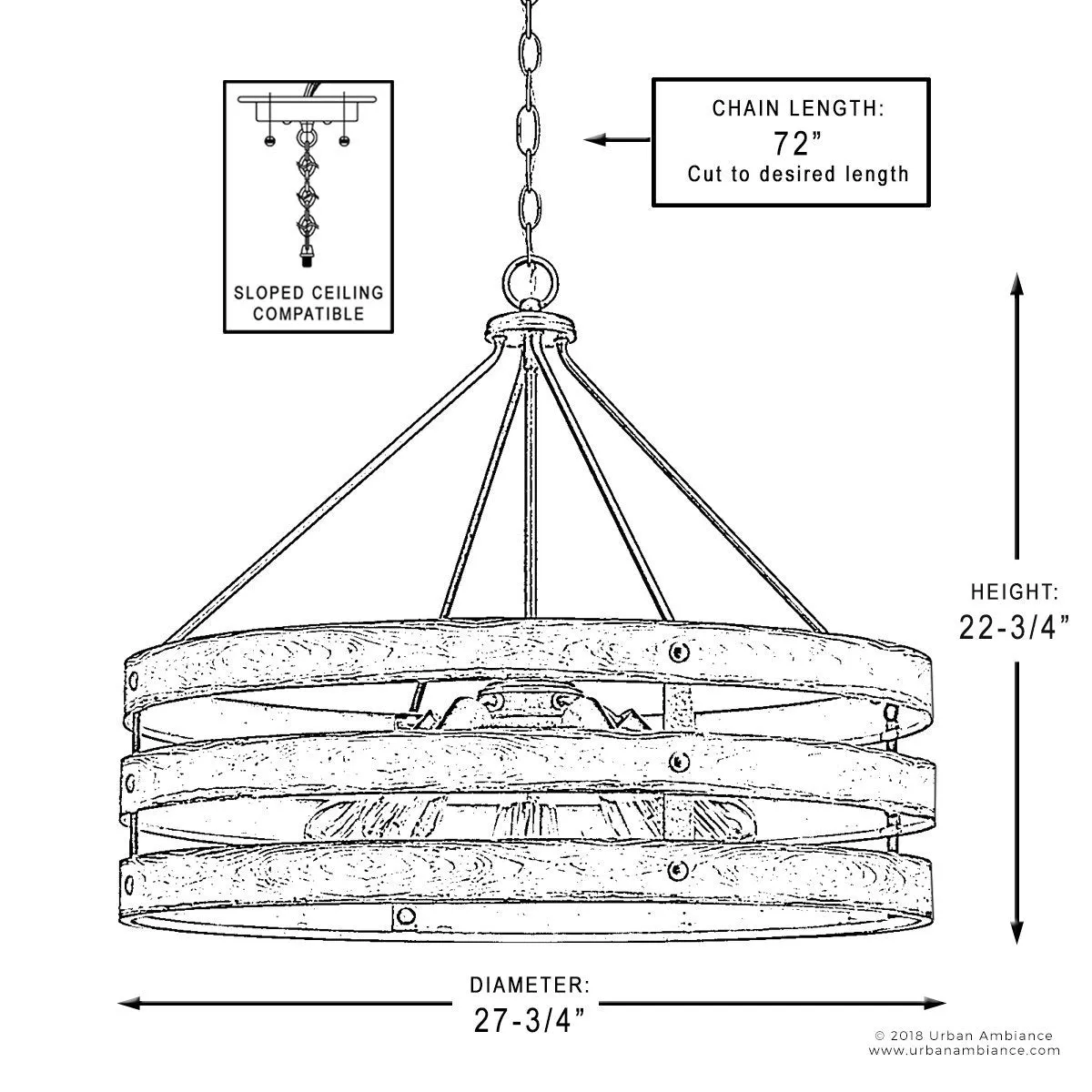 UHP2479 Modern Farmhouse Chandelier, 22-3/4"H x 27-3/4"W, Galvanized Steel Finish, Adelaide Collection