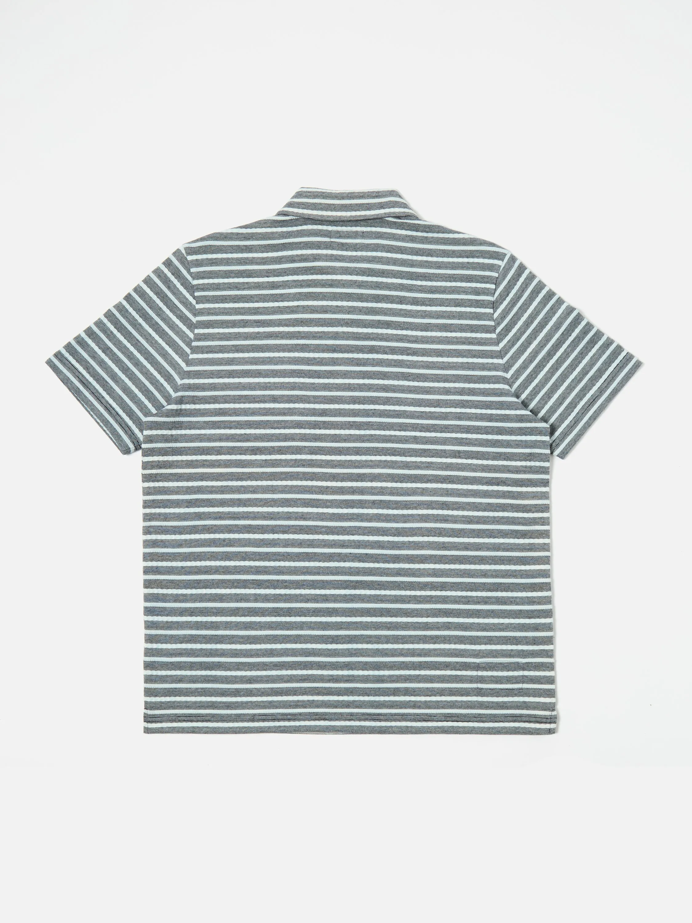 Universal Works Newlyn Polo in Indigo Textured Knit Stripe