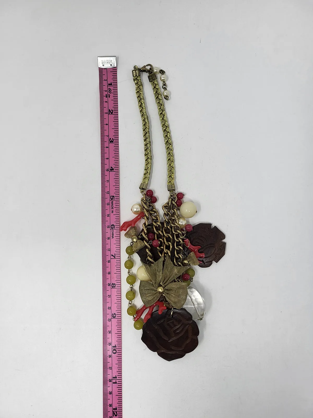 Vintage Betsey Johnson Gold & Red Wood Roses Necklace