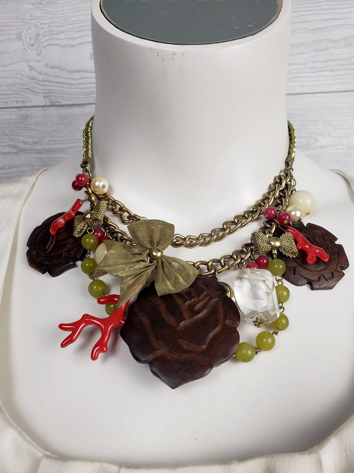 Vintage Betsey Johnson Gold & Red Wood Roses Necklace