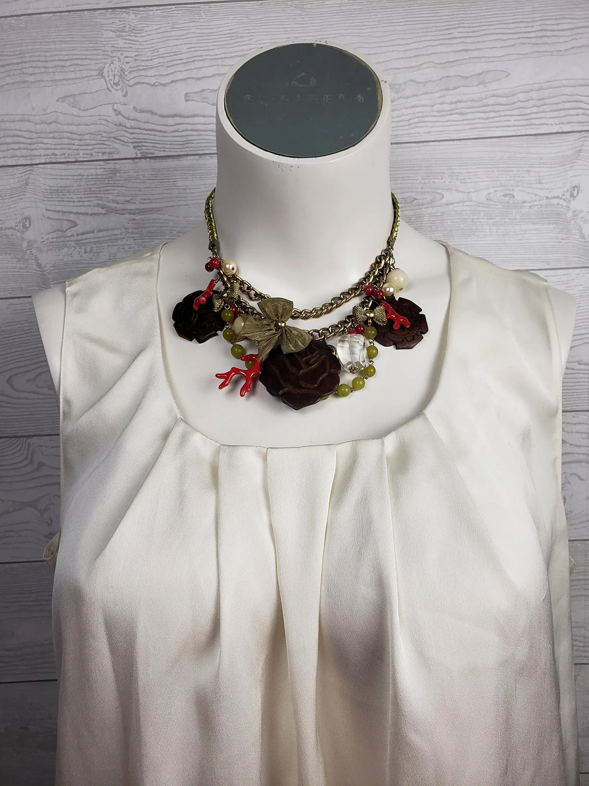 Vintage Betsey Johnson Gold & Red Wood Roses Necklace