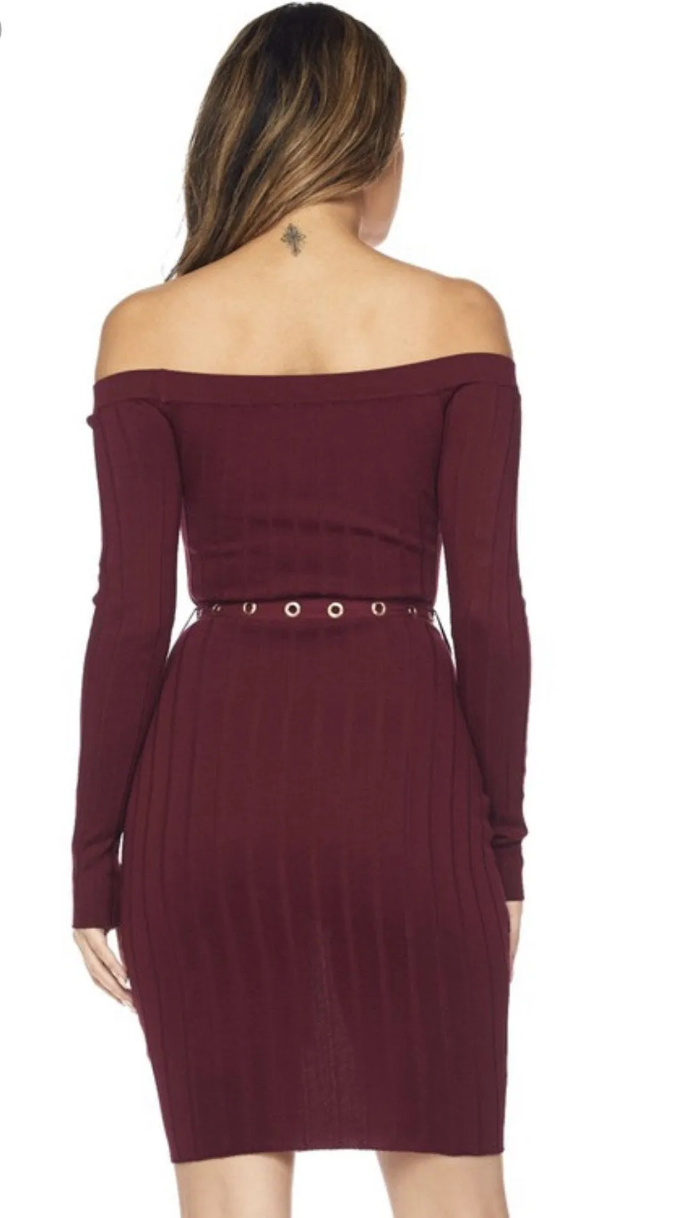 Wine Wide Rib Off Shoulder Dress